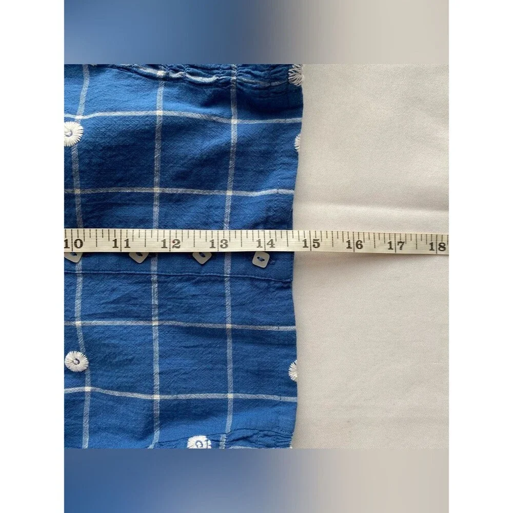 Madewell Hermitage Blue Embroidered Puff Sleeve Window Pane Crop Top 2
